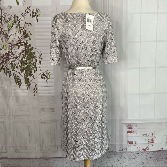 New Connected Apparel Dress 8 Sheath Silver Gray Crochet Lace Belted Holiday NWT - Picture 2 of 8
